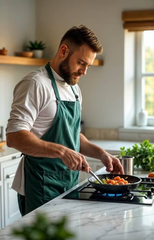 Manuel Hernández cocinando con un delantal verde en Recetas Canarias. Descubre más sobre mí y mi pasión por la gastronomía canaria.